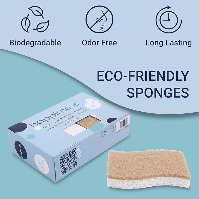 happimess WPE2000A-12SET Natural Plant Based Non-Scratch Sisal Hemp/Cellulose Scrubbing Dish Sponge, Cleaning Sponge for Dishes, Bathroom, Household, Beige/White (Set of 12)