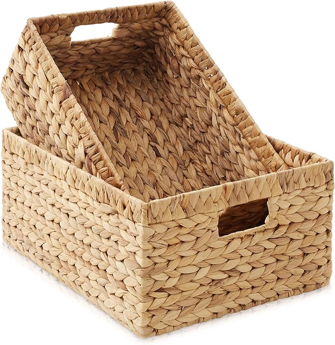 Casafield Set of 2 Water Hyacinth Storage Baskets with Handles - 1-Jumbo, 1-Large Woven Organizers for Bathroom, Laundry, Pantry, Office, Shelves