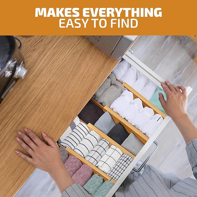 4 Pack Bamboo Drawer Dividers - 2.6 in High, Adjustable 16 to 22 in Expandable Drawer Organizers and Dresser Separators for Clothes, Bedroom, Bathroom, Kitchen, and Office Organization and Storage