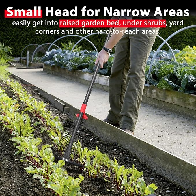 Adjustable Garden Leaf Rake for Lawns - Heavy Duty Metal With 18 Clog-Free Tines, 9"-17" Collapsible Head, 75 in Long Handle - Yard Tools for Gardening, Camping, Fast Cleanup