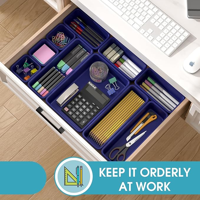 10 PCS Drawer Organizer Set, 4 Size Makeup Drawer Divider Organizer With Non-Slip Pads, Interlocking Plastic Storage Bins for Office,Jewelry Vanity,Gadgets, Bathroom,Kitchen, Navy