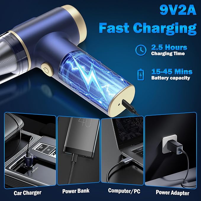 Handheld Car Vacuum Cleaner, 2-in-1 Portable Mini Car Vacuum Cleaner,16000Pa High Power & Air Duster, Handheld Vacuum Cordless with LED Light and Multi-Nozzles for Car,Home,Office(black blue)