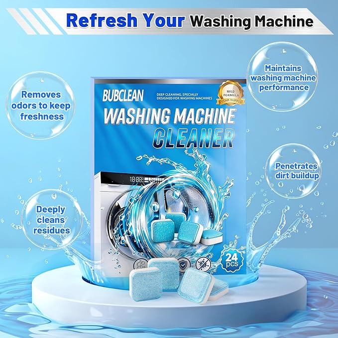 24 pack Washing Machine Cleaner Descaler, Deep Cleaning Tablets for Front Loader, Top Load & HE Washer, Septic Safe Odor & Water Buildup Removal, Clean Drum & Laundry Tub Seal