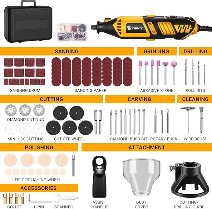 Rotary Tool Kit: DEKOPRO Power Hand Rotary Tools Mini for Wood/Metal, Electric Grinder Drill Machine Set with Flex Shaft for Carving, Cutting, Sanding, Grinding, Polishing, Engraving