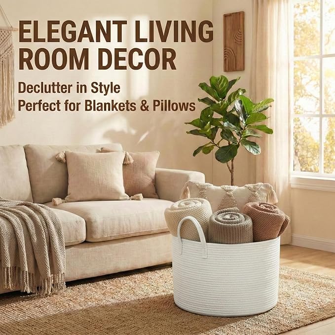 JMvicyroam 65L Extra Large Blanket Basket for Living Room - Woven Cotton Rope Laundry Hamper with Reinforced Handles - Storage Bin for Pillows, Comforters & Toys - Machine Washable,White