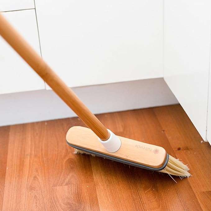 Full Circle Clean Sweep - Bamboo Broom - Angled for Precision in Tight Spaces, with Stiff Flagged Bristles for Indoor & Outdoor Cleaning - Ideal for Pet Hair, Kitchen, Hardwood, and Garage, White