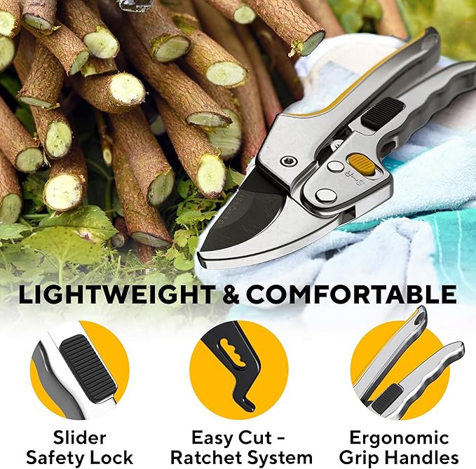 Ratchet Pruning Shears for Gardening Heavy Duty - Increases Cutting Power 3x - Perfect Ratchet Pruners for Weak Hands & Arthritis - 8” Anvil Garden Clippers - Sharp Blade for Effortless Cutting-Yellow