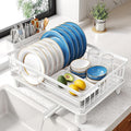 SNTD Dish Drying Rack - Small Dish Rack for Kitchen Counter, Stainless Steel Dish Drainer with Utensil Holder and Drainboard, 11" W x 15" L (White)