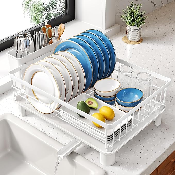 SNTD Dish Drying Rack - Small Dish Rack for Kitchen Counter, Stainless Steel Dish Drainer with Utensil Holder and Drainboard, 11" W x 15" L (White)