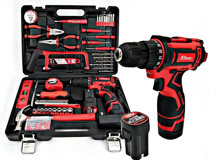 Baraz Tool Kit set With Drill (2 Battery), 126 Pcs Power Tool Set for home, 18v Cordless Drill And Tool box For Household, Homeowners, Office, Garden, House Repair And Maintenance, perfect Gift Idea