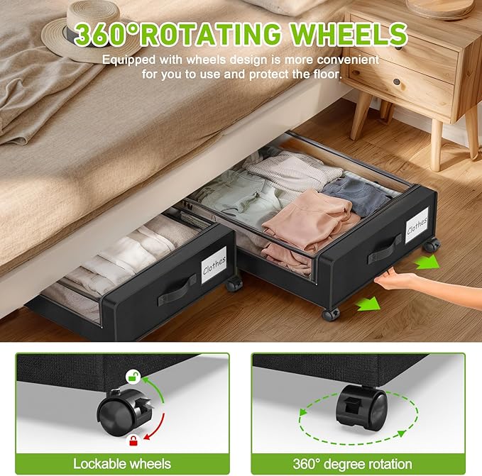 Beborxue Under Bed Storage with Wheels, 2-Pack Under the Bed Storage Containers with Lids, XXL 60L Under Bed Shoe Storage Organizer Bins, Rolling Underbed Storage for Clothes, Shoes, Blankets (Gray)
