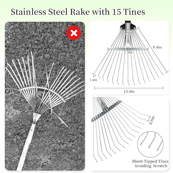 68" Heavy Duty Rake, Metal Leaf Rake with Detachable Handle, Garden Rakes for Leaves with Expandable Tines,Leaf Collector, Rakes for Lawns Heavy Duty Leaves, Debris