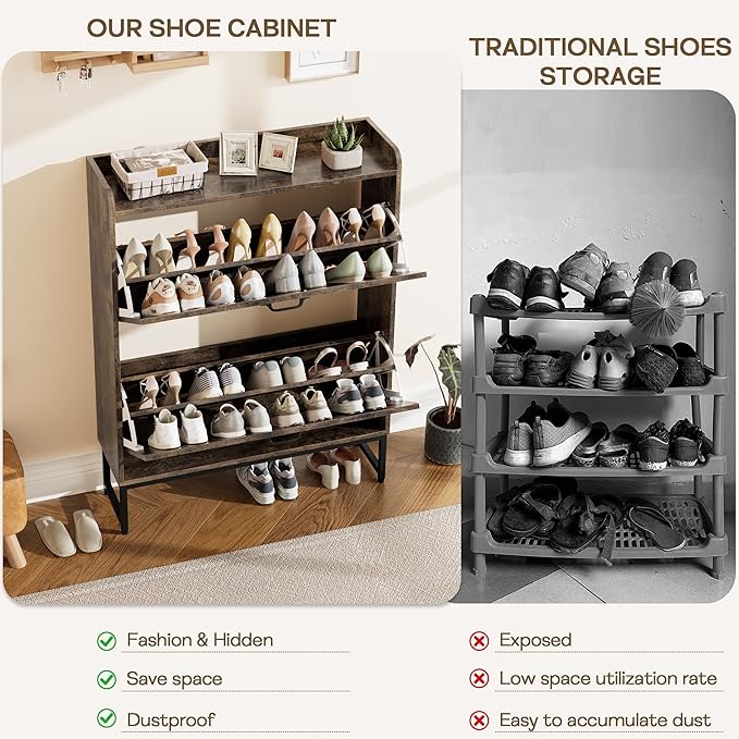 Nicetree Shoe Cabinet with 2 Flip Drawers, Freestanding Shoe Storage Cabinet with Metal Legs, Farmhouse Shoe Organizer for Entryway, Foyer, Hallway