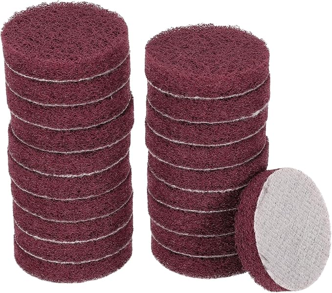 HARFINGTON 20pcs Scrubber Scouring Pads 500 Grits 2 Inch Drill Power Brush Hoop and Loop Surface Conditioning Disc Drill Scuffing Disc Scrub Pads for Home Kitchen Cleaning, Dark Red
