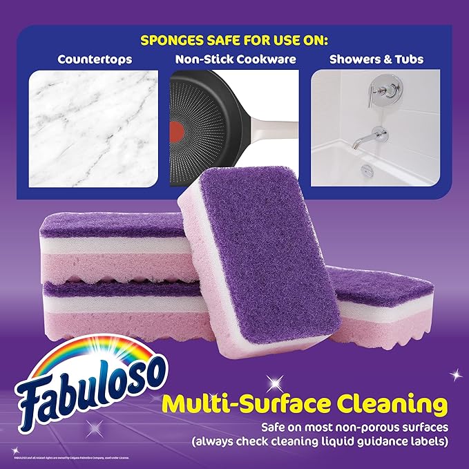 Fabuloso Scratch-Free Kitchen Dish Sponges, Purple Cellulose Scrubber Sponge with Scouring Pad for Dishes, Pots, Pans, Counters and Sinks, Tough on Messes, 4.25 x 2.75 x 1.25 in, 4 Count