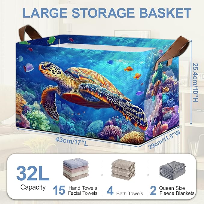 SeaTurtle Storage Basket with Handles,Ocean Coral Collapsible Rectangle Organizer Bin for Room Decoration Books Box Baskets 17x11.5x10Inch
