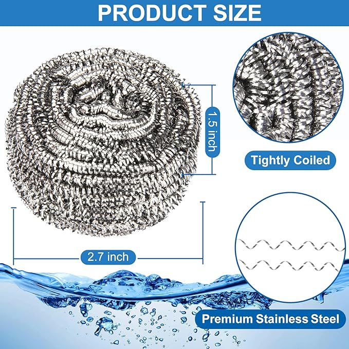 18 Pack Stainless Steel Scrubber, Steel Wool Srubber for Scouring Stubborn Messes from Pots and Pans, Stoves,Broiler Racks,Grills and More