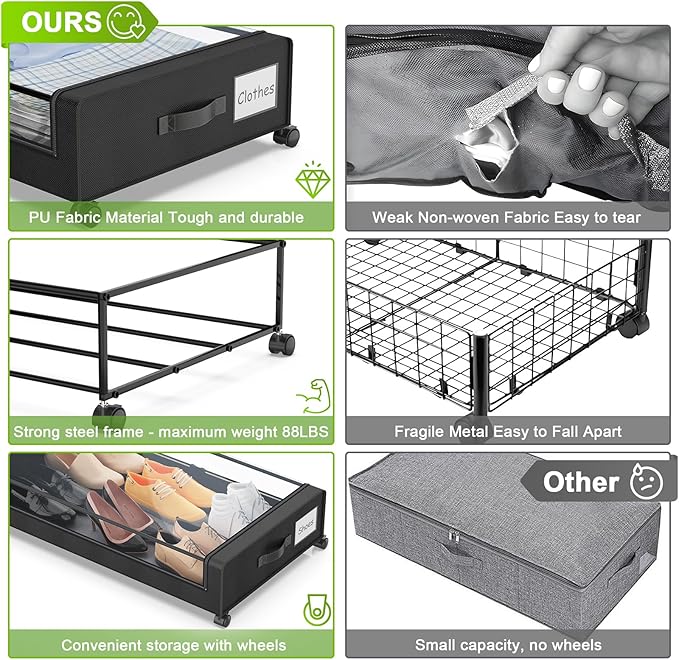 YAASHEEN Under Bed Storage with Wheels, 4-Pack Under the Bed Storage Containers with Clear Lids & Label, Underbed Storage Bins, XXL 60L Rolling Metal Drawer for Clothes, Shoes, Toys, Books - Black