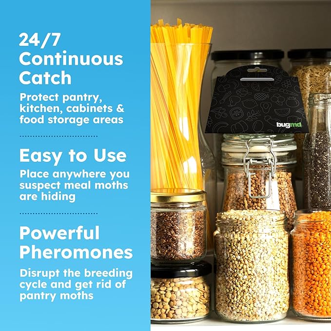 BugMD Pantry Moth Traps (18-Pack) – Pheromone-Based Sticky Glue Traps, Non-Toxic, Kills Indian Meal Moths – Kitchen & Food-Storage Safe - Black