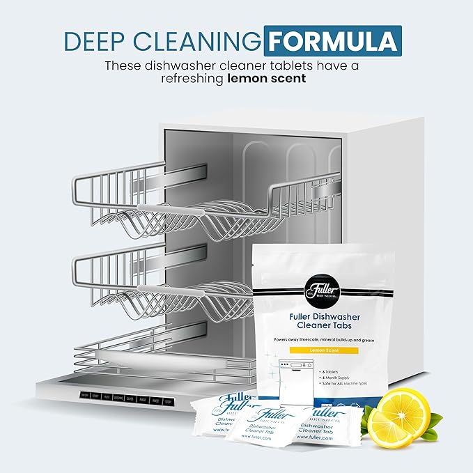 Fuller Dishwasher Cleaner Tabs – Lemon Scent – Eliminates Limescale, Grease & Odors – Septic Safe, Compatible with All Dishwasher Types – (Pack of 4)