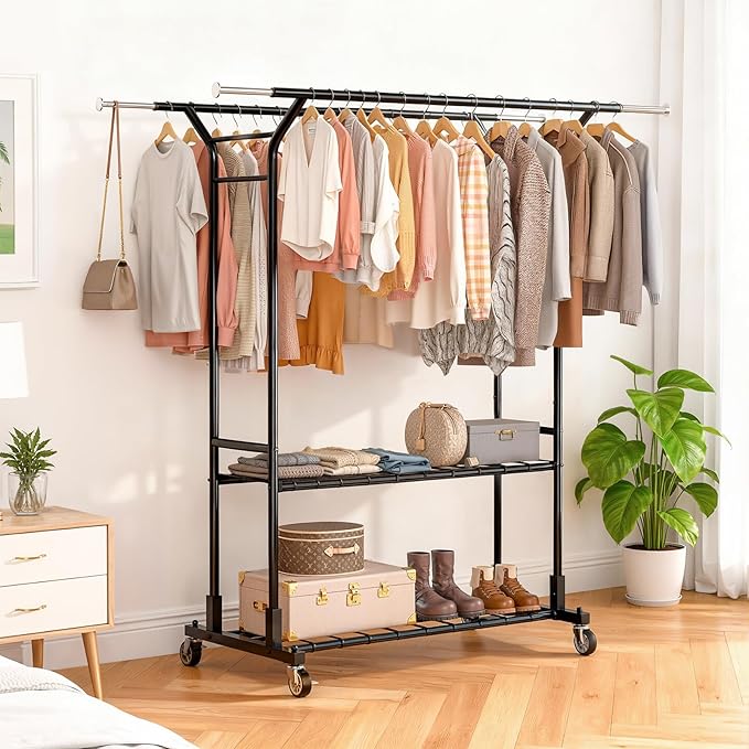 Luxspire Heavy Duty Clothes Rack Load 650 LBS, Double Rod Clothing Racks for Hanging Clothes, Rolling Garment Racks with Lockable Wheels, Shelves, Adjustable Laundry Hanging Rack, Black