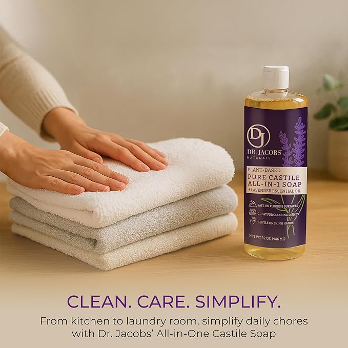 Dr. Jacobs Naturals Lavender Castile All-in-One Cleaner and Soap - Plant-Based Formula for House Cleaning Floors and Appliances - Gentle on Skin and the Planet - 32 oz, 2 Pack