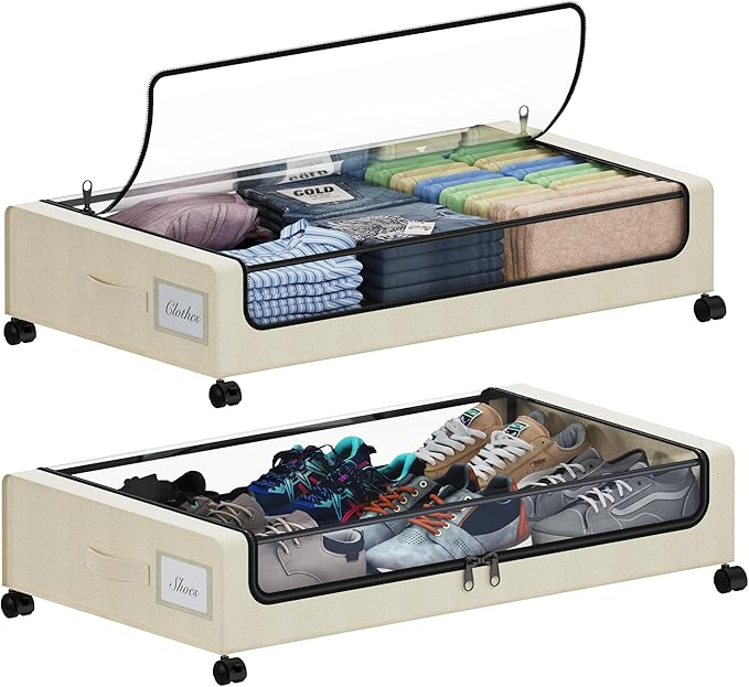 Tututry Under Bed Storage with Wheels, XXL 60L Under the Bed Storage Bins, Underbed Storage Containers with Lids & Label, Rolling Metal Drawer for Shoes, Clothes, Books, Toys (2-Pack Beige)