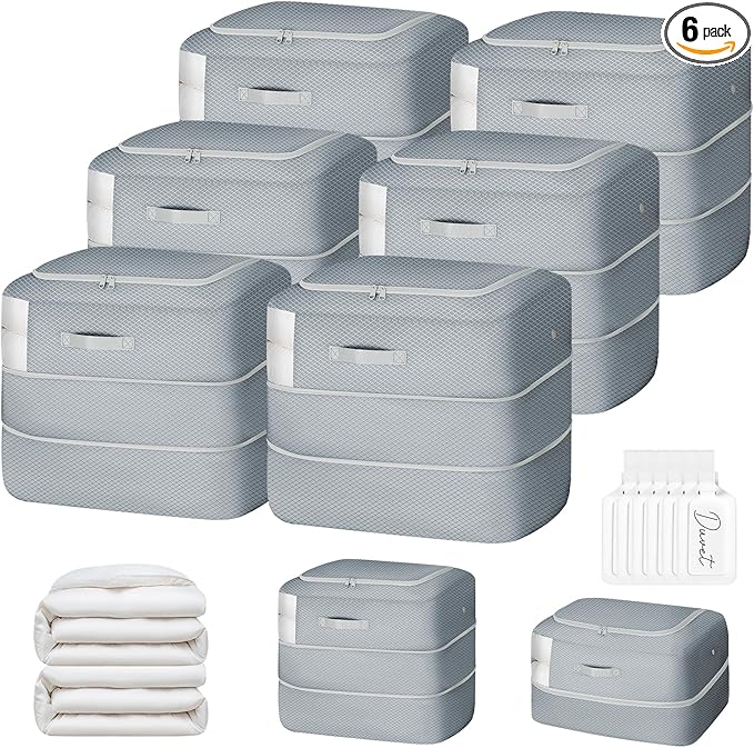 Comforter Storage Bag - 110L Large Capacity Blanket Storage Bags 2-Layer Ultra Space Saving Self Compression Organizer, Washable Compression Bags for Storage Comforter Blanket, 6-Pack, Grey