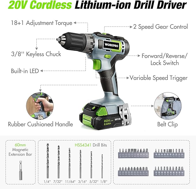 WORKPRO Home Tool Set with 20V Cordless Lithium-Ion Drill Driver, Household Repairing Tool Kit with Drill, 157PCS Power Drill Sets, 14-Inch Wide Mouth Storage Tool Bag, Green