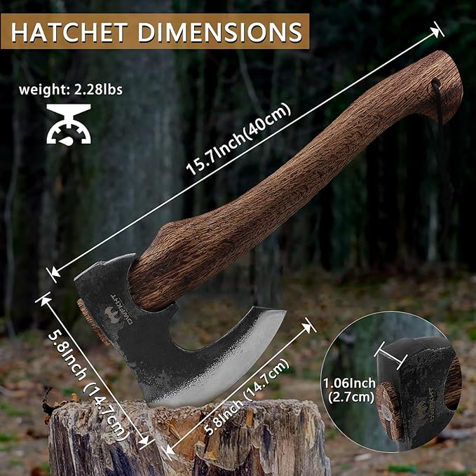 Hatchet, 15.7" Camping Axe with Leather Sheath, Bushcraft Axe with 1065 Carbon Steel & Beech Handle, Survival Hatchet for Wood Splitting and Chopping - Perfect for Gardening and Outdoor