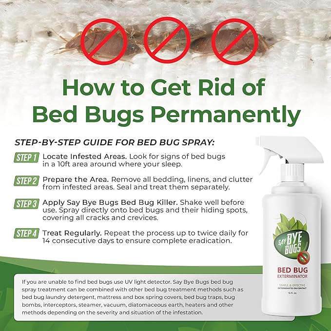 Bed Bug Spray for Getting Rid of Bed Bugs Permanently. Say Bye Bugs - a Non-Toxic, Kill on Contact Bed Bug Treatment That Doesn't Stain & is Odor Free. Simply Shake & Spray (1x 128oz).