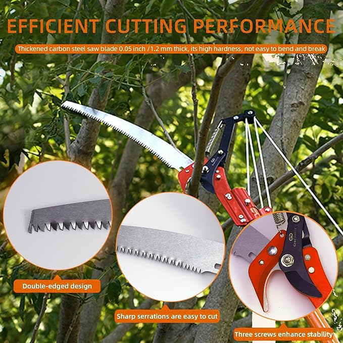 Manual Pole Saw for Tree Trimming, 27 FT Manual tree purner with 8 Fiberglass Handles, Sharp steel Blade and Scissors, Easy to Carry and Extendable Design for Tree Maintenance, Orange