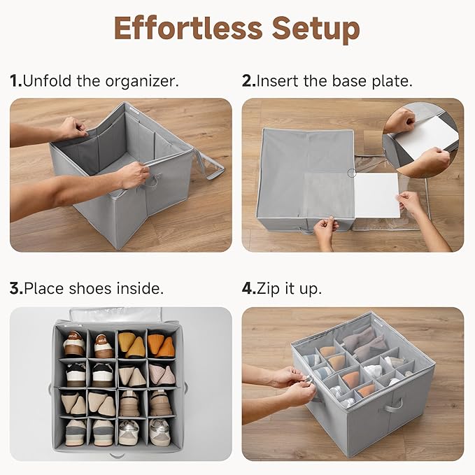 StorageWorks 2 Pack Shoe Organizer for Closet, Foldable Shoe Storage Box with Adjustable Dividers, Fabric Shoe Boxes Organizer for 32 Pairs, Closet Organizers and Storage Bin for Boots, Sneakers, Grey
