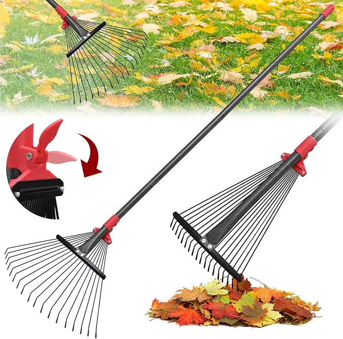 76 Inch Rake for Leaves, Adjustable 18 Metal Tines with Expandable Head Garden Rakes for Lawns Heavy Duty Metal Rake for Leaves Yard Gardening Grass Outdoor Debris