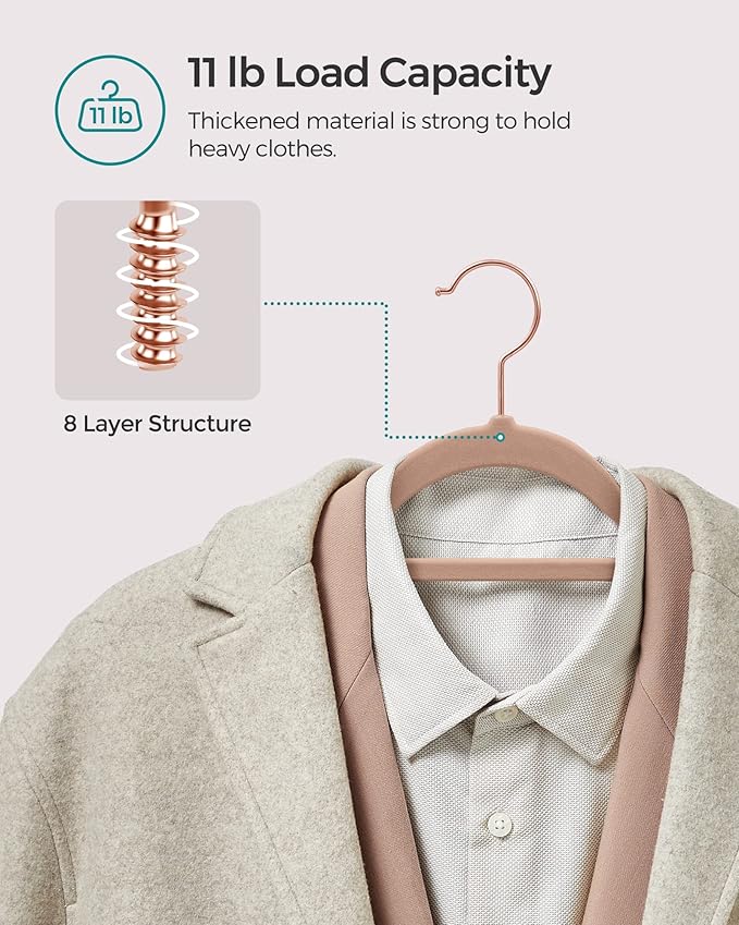 SONGMICS Velvet Hangers, Set of 50 Clothes Hanger with Rose Gold Swivel Hook, Non-Slip, and Space-Saving, 0.2-Inch Thick, 17.1-Inch Long for Coat, Shirt, Dress, Pants, Tie, Caramel Brown UCRF021LB50