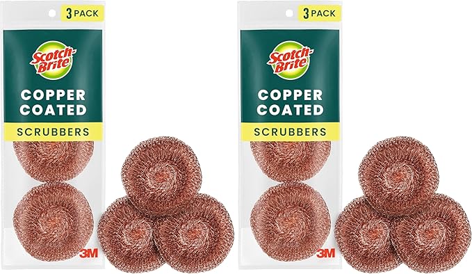 Scotch-Brite Copper Coated Scrubbing Scour Pads, 3 Scouring Scrubber Pads (Pack of 2)
