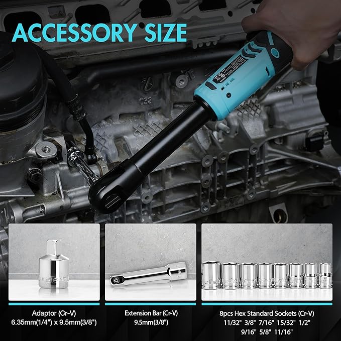 DURATECH Extended Cordless Ratchet Wrench, 3/8" 12V 44 Ft-Lbs Long Neck Electric Ratchet Wrench with 2-Pack 2.0Ah Li-Ion Battery, 1 Hour Fast Charger, 10 Sockets Accessories & Variable Speed Trigger