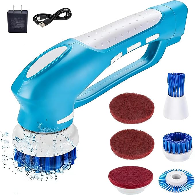 RICHOOSE Cordless Electric Spin Scrubber with 6 Brush Heads & 2 Rechargeable Batteries, Power Scrubber for Shower Tile Grout Tub Bathroom Cleaning, IPX7 Waterproof Handheld Scrubber