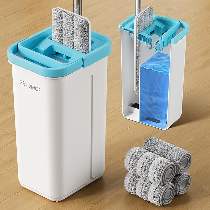 Mop and Bucket Set, Mops for Floor Cleaning, Squeeze Flat Mop and Bucket System, Dry & Wet Wall Mop Cleaner with Long Handle for Household Cleaning with 4 Microfiber Mops, Turquoise-Cyan