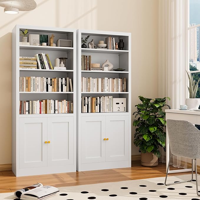Bookcase with Doors and Adjustable Shelves, 55" Tall Metal 5-Tier Storage Cabinet, Freestanding Bookshelf for Living Room, Home Office, Bedroom, Kitchen Pantry Organizer Rack (White)