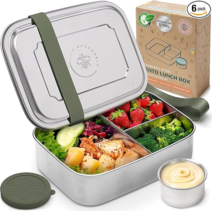 Everusely - Bento Box - Sage, 60oz / 1.8 L - Extra Large Stainless Steel Lunch Box + Leakproof Condiment Container - 3 Compartment Snack Organizer for On the Go Meals - Freezer & Dishwasher Safe