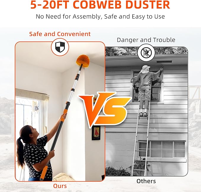 26 FT Reach Cobweb Duster with 5-20FT Telescoping Pole, Dual Action Flip-Lock & Screw Fixing Design, Washable Reusable Duster for High Ceilings, Fans & Home Cleaning