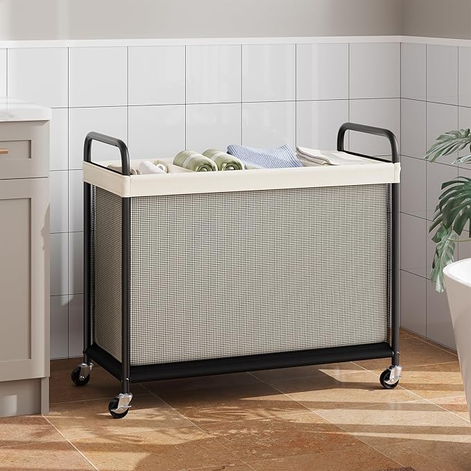 ELYKEN Laundry Hamper 4 Section, 140L Rolling Laundry Sorter with Removable Liner Bag, Laundry Basket with Wheels, Steel Frame with Metal Handle, Clothes Hamper Cart for Laundry Room & Bedroom
