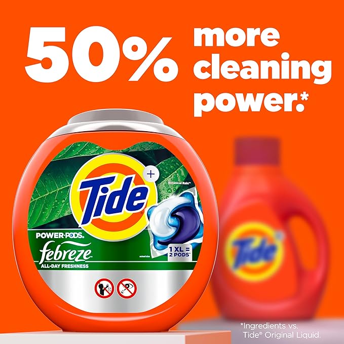 Tide Power Pods with Febreze Laundry Detergent Pacs,Botanical Rain Scent,All-Day Freshness,45 Count (Pack of 2)
