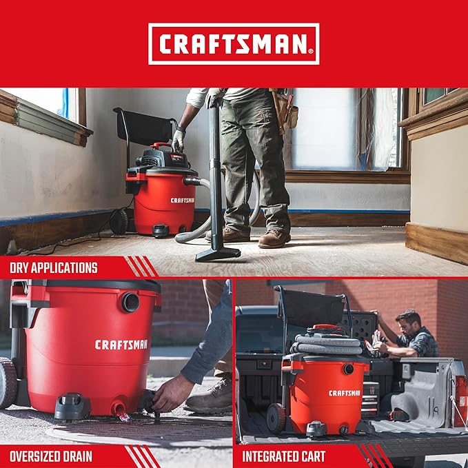 CRAFTSMAN CMXEVBE17656 20 Gallon 6.5 Peak HP Wet Dry Vac with Cart, Heavy-Duty Shop Vacuum Wet and Dry with Fine Dust Filter, Dust Bag, Hose and Attachments for Shop, Garage, Jobsite Cleaning