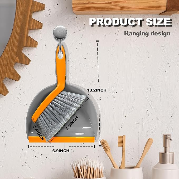 Mini Broom with Dustpan Combo Set Small Dust pan and Brush Set Quick Cleanup Debris Dust for Floor Countertop Worktop Desk Pet Cage (Grey+Orange)
