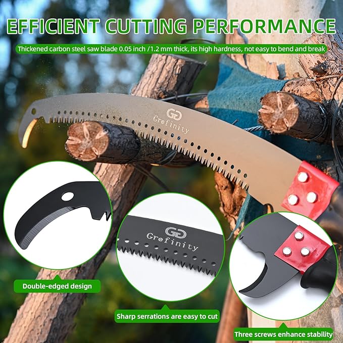 Manual Pole Saw for Tree Trimming, 27 FT Manual tree purner with 8-Section Fiberglass Handle, Sharp steel Blade, Easy to Carry and Extendable Design for Tree Maintenance, Green