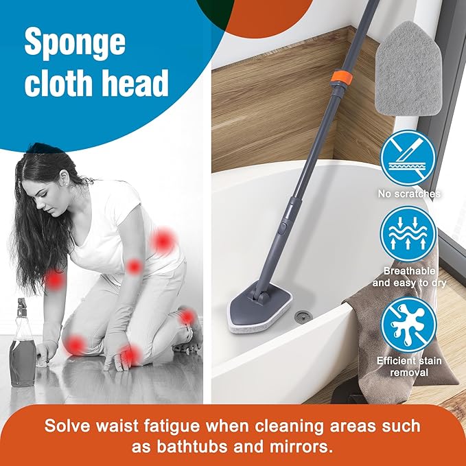 Tub Tile Scrubber Brush with 3 Different Function Cleaning Pads and 56" Extendable Long Handle-No Scratch for Cleaning Bathroom Kitchen Toilet Wall Sink,Orange