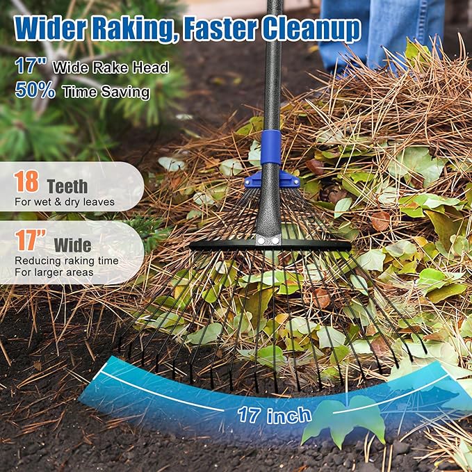 Rake for Leaves: Adjustable Metal Leaf Rake for Lawn, 8-17" Expandable Head, 65” Long Handle,Collapsible Heavy Duty Women Kids Garden Rakes for Yard Pine Needles Mulch Grass Debris Gardening Camping