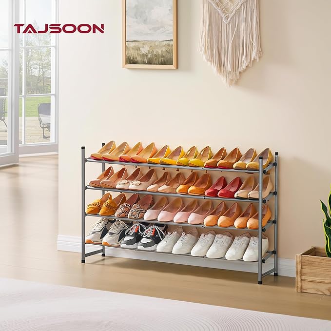 Tajsoon Expandable Shoe Rack for Closet 4 Tier, 29“-41“Adjustable & Stackable Shoe Shelf Storage, Metal Shoe Rack Organizer for Front Door Entrance, Closet, Garage, Entryway, Grey